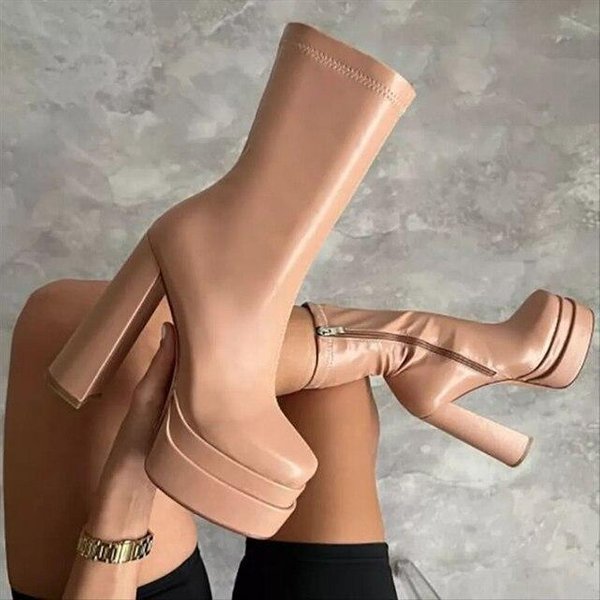 Buty Damskie Designerskie Luksusowe Nowe Modne Buty Na Platformie Na Obcasie Damskie SkóRzane Super Wysokie Buty Na Obcasie Damskie Zimowe 39 BeżOwy-image