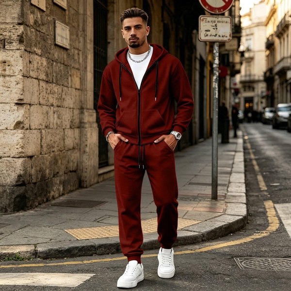 MęSki Komplet Bluzy Z Kapturem Na Zamek BłYskawiczny I Spodni Dresowych, Casualowy Sportowy DwuczęśCiowy StróJ Do Noszenia Na Co Dzień XXL Wino-image