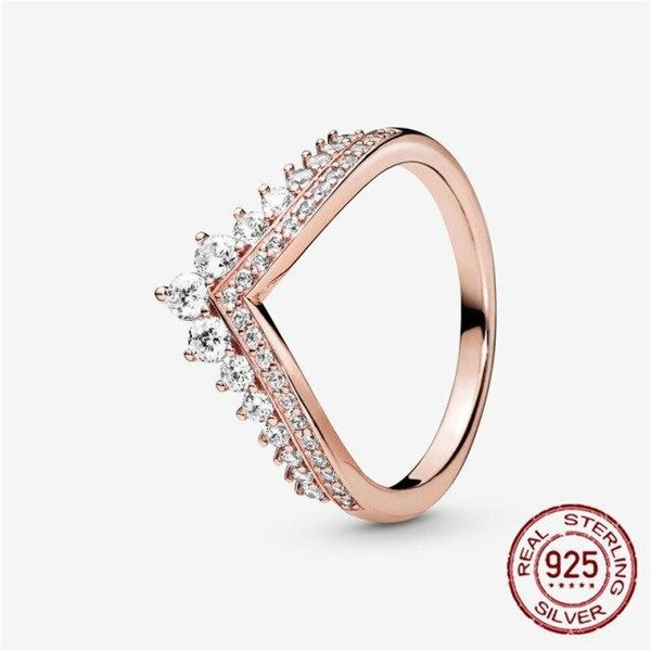 CláSico Anillo Corona Princesa Hueso De Los Deseos Plata De Ley 925 100% Pavé Brillante Anillos CZ Para Mujeres JoyeríA De Compromiso Aniversario 9 Oro Rosa-image