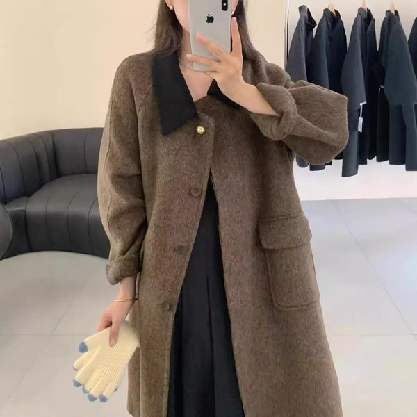 Abrigo De Lana De Doble Cara Estilo Coreano Con PatróN De Espiga Para Mujer Cuello De MuñEca Holgado Solapa Abrigo De Lana De Longitud Media Invierno S Gray-image