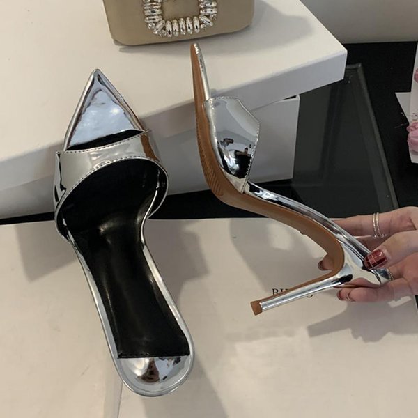 Liyke Sexy Tacones Altos Dorados Zapatilla Moderna Para Mujer Elegante Punta Puntiaguda Fiesta De Banquete Zapatos De Stripper Damas Sandalias De Mujer 35 Plata-image