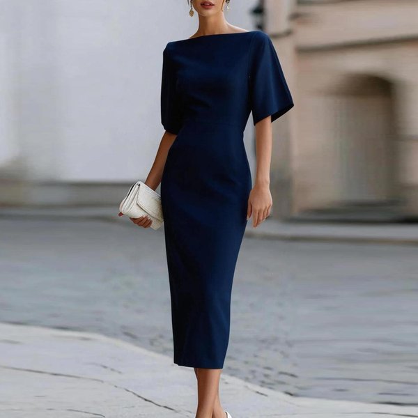 Vestido Midi Para Mujer Ajustado Al Cuerpo Con DiseñO En La Cintura Elegante Cuello Barco Manga Corta Vestido Formal Para Oficina Fiesta Ropa De Noche XXL Azul Oscuro-image