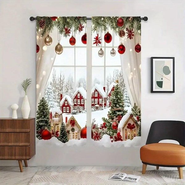 2 Piezas Cortinas De Ventana Con PatróN NavideñO Rojo Para Sala De Estar Cortinas Festivas De Bolas De Navidad Para La DecoracióN De Tu Hogar 2X50W130H(Cm)40X51In&Grommet Top-image
