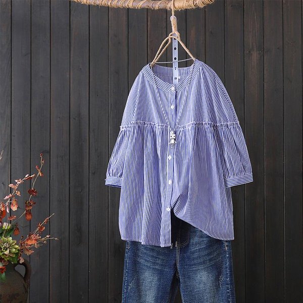 Camisa De AlgodóN Puro Para Mujer Manga Tres Cuartos Vestido De Verano Nuevo Holgado Camisa Superior De AlgodóN Puro M Gray-image