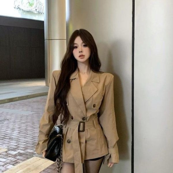 Abrigo OtoñO Nuevo Temperamento Caqui Doble Fila BritáNico Corto Cintura Abrigo Mujer XL Gray-image