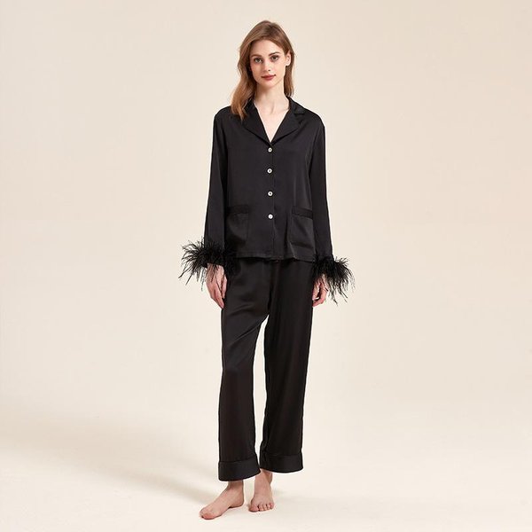 Conjunto De Pijama De SatéN De Plumas Para Mujer, Camisa De Alta Gama, CáRdigan, Pantalones, Ropa Para El Hogar, Pijama Casual Holgado, Ropa Para El Hogar XL Negro-image