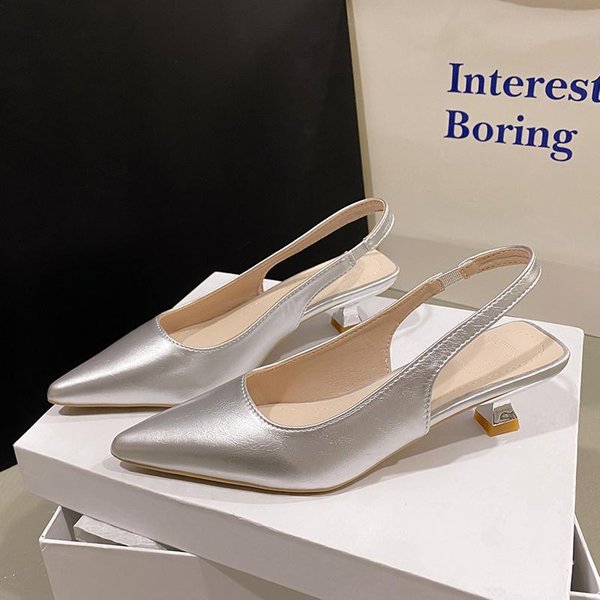 Moda Moda Damskie Buty Nowe Damskie CzółEnka Jednolity Kolor Proste Buty Na ŚRednim Obcasie Seksowny Szpiczasty Nosek Slingback Eleganckie Buty Wizytowe 36 Srebro-image