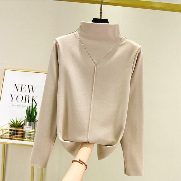Camiseta BáSica De Terciopelo Para Mujer En OtoñO E Invierno Cuello Semi-Alto Ropa Interior CáLida De Manga Larga Ajustada Camiseta BáSica Para Estudiantes 4XL-image