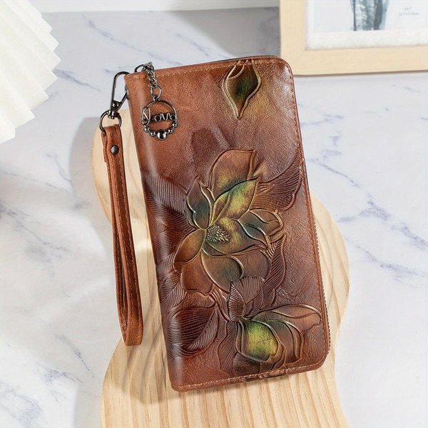 Billetera Retro Larga En Relieve Monedero Con Cremallera PatróN Billetera Posiciones Para MúLtiples Tarjetas Bolso Clutch Bolso Para TeléFono MóVil Billetera Brown-image