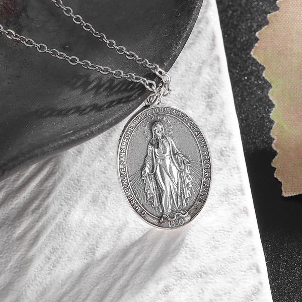 Klasyczny Katolicki Srebrny Kolor Dziewica Maryja Metalowy Medal Wisiorek Naszyjnik Religijny Styl Modlitwa Amulet BiżUteria Al20484-Silver-image