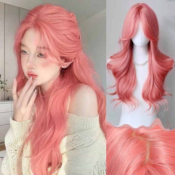 Xiyue PomarańCzowo-RóżOwa Peruka DłUgie Falowane Syntetyczne Peruki ŚRodkowe PrzedziałEk Naturalna Fala Peruka Odporna Na CiepłO Cosplay Impreza Codzienna Peruka Do WłOsóW Dla Pink-image