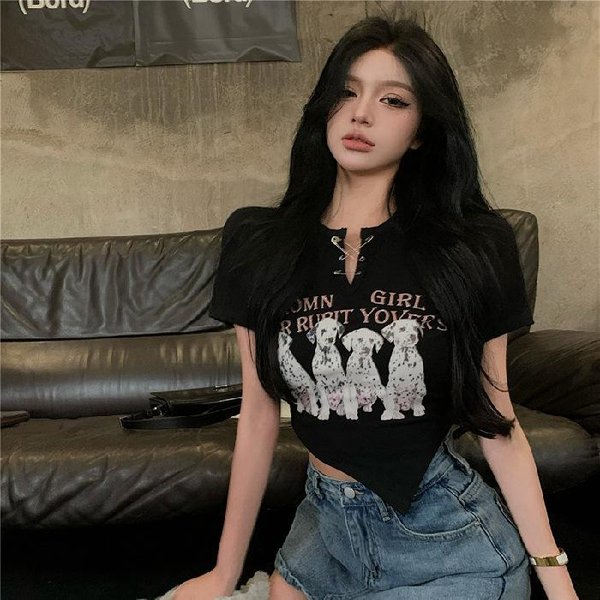 Camiseta De Manga Corta Estampada Para Mujer Sentido Del DiseñO Verano Nuevo Irregular Chica Caliente Corta Estudiante Delgado Cuerpo 2XL Negro-image
