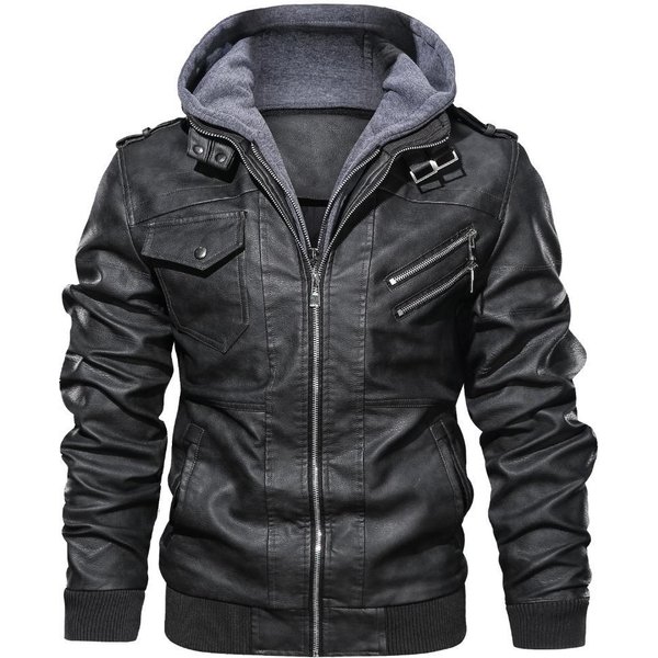 Chaqueta De Cuero Para Hombre Vintage Locomotora Chaqueta De Cuero PU OtoñO E Invierno Chaqueta Con Capucha Desmontable Para Hombre Xxxl Gray-image