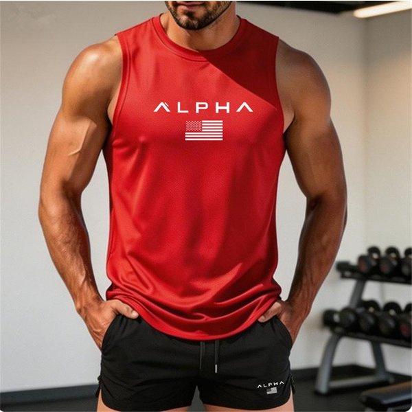 Top De Malla Transpirable Sin Mangas Para Hombre Secado RáPido Camisetas Sin Mangas Estampadas Chaleco Deportivo Sin Mangas Para Gimnasio Entrenamiento Running Deporte Fitness 3XL Red-image