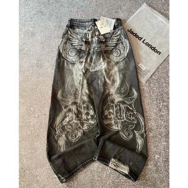 Vibestreet Y2K AmerykańSki Nowy WzóR Haftowane LuźNe DżInsy High Street Vintage Hip Hop Moda Codzienne Joker Para Szerokie Nogawki XXL Gray-image