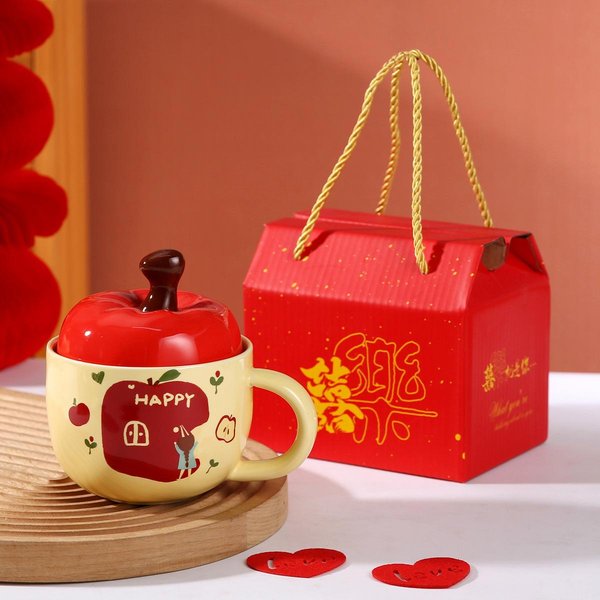 Wysoko WygląDająCy Uroczy Ceramiczny Kubek JabłKowy Dla DziewcząT PamiąTkowy Kubek Do Kawy Kubek Do Wody Personalizowany Kreatywny Kubek Z Pokrywką 360Ml-image