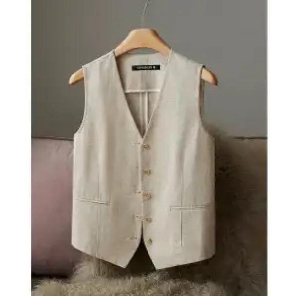 Chaleco Casual De Mujer Con Mezcla De Lino Blanco, Cuello En V, Botones Al Frente, Chaleco M-image