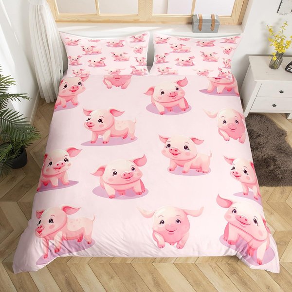 RóżOwy Zestaw PośCieli KróL KróLowa ŚPiąCa ŚWinka Poszwa Na KołDrę Dla Dzieci ChłOpcóW DziewcząT Kawaii ZwierzęTa Poszwa Na KołDrę Z 2 Poszewkami Na Poduszki 155X215Cm 3Pcs-image