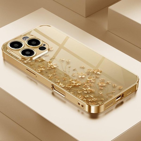 Eleganckie ZłOte Kwiaty ZłOty Metaliczny Lakier Szklane Etui Na Telefon Dla Iphone 17 16 15 14 13 12 11 Pro Max 15 14 Plus 17 Air 16E Pokrowiec Iphone 15 Pro Max-image