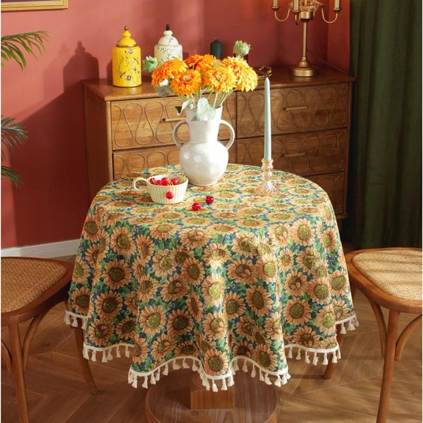 Retro Jacquard OkrąGłY Obrus Na Stół KróTki Tassel Edge Pogrubiony PyłOszczelny Mata StołOwa Stół Jadalny Biurko Kawowe Dekoracyjny Obrus Na Stół Diameter 90Cm Beige-image