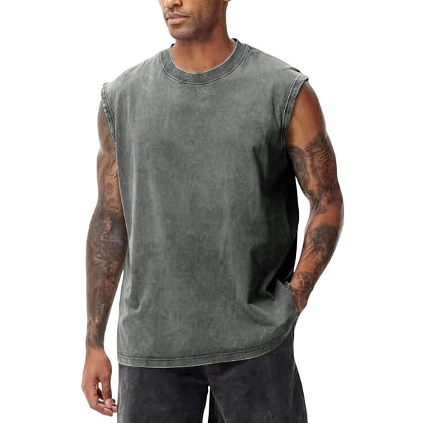 Camiseta Sin Mangas De Punto De AlgodóN Para Hombre Cuello Redondo Ajuste Holgado Informal BáSica Lisa Camisa Camiseta Interior Para Entrenar Estilo Streetwear M-image