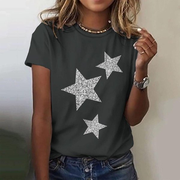 Camiseta Con Estampado 3D De Estrella Verano Mujer Cuello Redondo Camisetas Casuales Harajuku Streetwear Manga Corta Camiseta Oversize Y2K Ropa Femenina L Gray-image