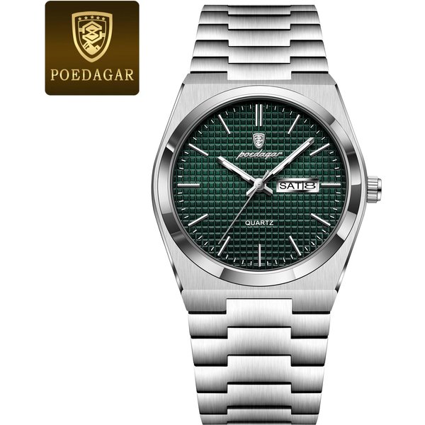 Poedagar Relojes De Cuarzo De Lujo Para Hombre De Negocios Fecha Semana Hombre Reloj De Acero Inoxidable Resistente Al Agua Luminoso Moda Reloj De Pulsera+Caja Verde/Plata-image