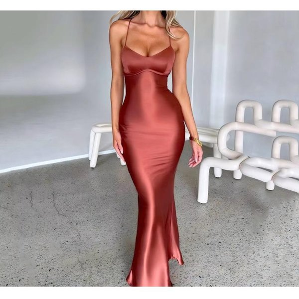 Elegancka Damska Satynowa DłUga Sukienka Na Cienkich RamiąCzkach V-Neck Dopasowana Bez RęKawóW Z Odkrytymi Plecami BandażOwa Sukienka Formalna Suknia Wieczorowa Dla Kobiet S-image