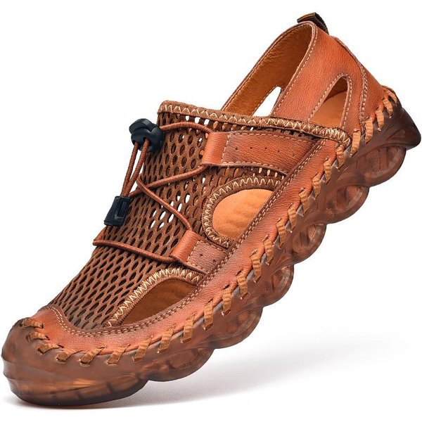 Sandalias Talla Grande Para Hombre Casual Cuero Agujeros Verano Suela Blanda Sandalias De Cuero Exterior Punta Cerrada Zapatos De Playa 46 MarróN-image
