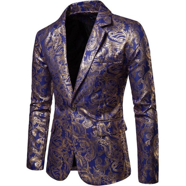 MęSka Marynarka Slim Fit One Button Men Jacket Gold Print Groom Wedding Dress Suit Stage Club Party Casual Formalne Blezery XL Black-image