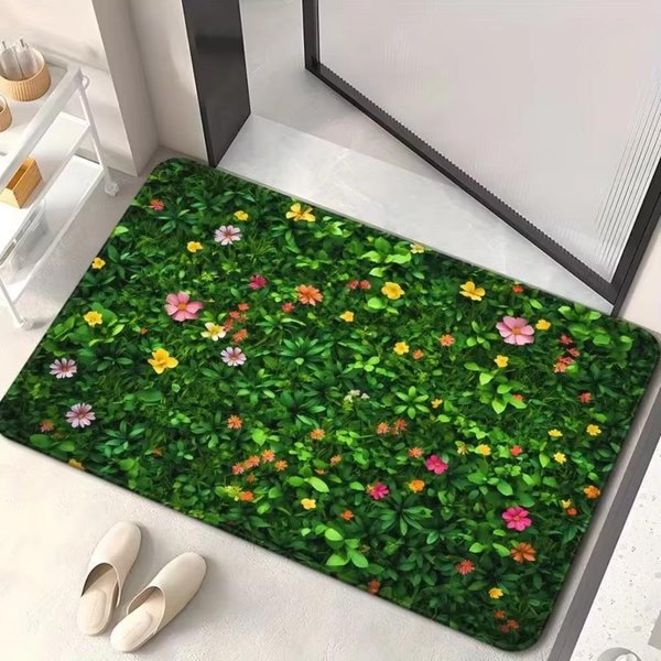 TróJwymiarowy Zielona Trawa Polne Kwiaty Wycieraczka, AntypośLizgowy ChłOnny Zmywalny Dywanik PodłOgowy Do Przedpokoju, ŁAzienki WystróJ Domu 40X60Cm 16X24Inch-image