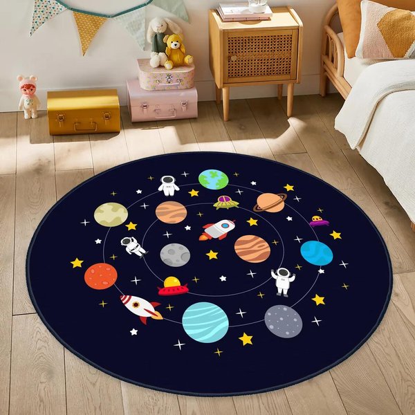 OkrąGłY Dywan – Astronauta, Rakieta, Planeta – Do Pokoju DziecięCego, Pokoju NiemowlęCego Lub Jako Mata Do Zabawy Na Motyw UkłAdu SłOnecznego Diameter 100Cm(39In)-image