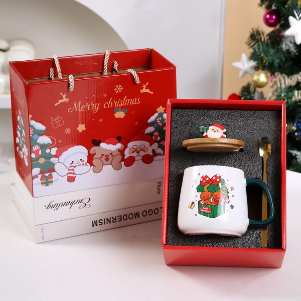 Taza De CeráMica NavideñA De 400 Ml Con Tapa De Madera Cuchara Set De Taza De Regalo Leche Café Papá Noel MuñEco De Nieve Alce Caja De Regalo Taza De CeráMica AñO Nuevo 400Ml-image