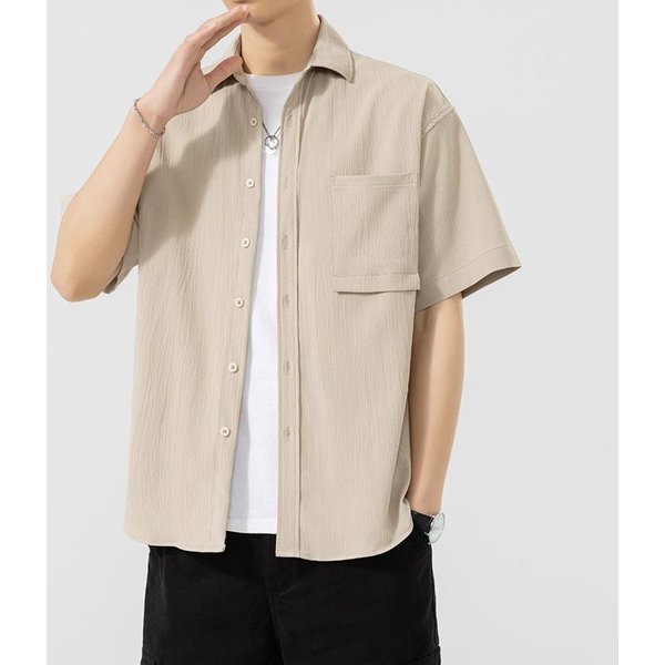 Jednolita Koszula Z KróTkim RęKawem MęSka Koszula Robocza Kurtka Casual Wszechstronna LuźNa KołNierzyk Nie Wymaga Prasowania XL Beige-image
