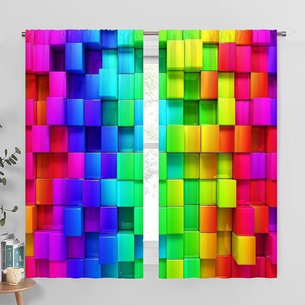 Cortinas Coloridas Con DiseñO De Bloques De Dibujos Animados Para NiñOs, Tratamiento De Ventanas Para Dormitorio, Oficina, Cocina, Sala De Estar, DecoracióN Del Hogar, 2 Piezas W50 X H130(Cm)X2&Hook-image