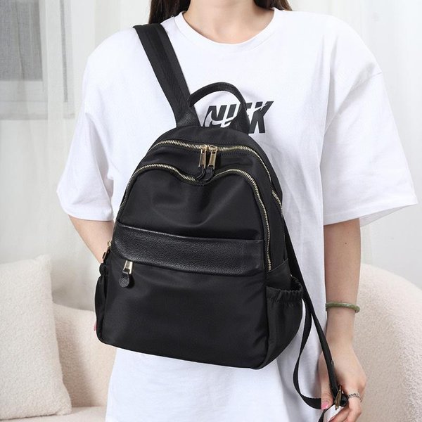Mochila Mujer Moda Tela Oxford Con Cuero Mujer Viaje Trabajo Lona Mochila Ligera Negro-image