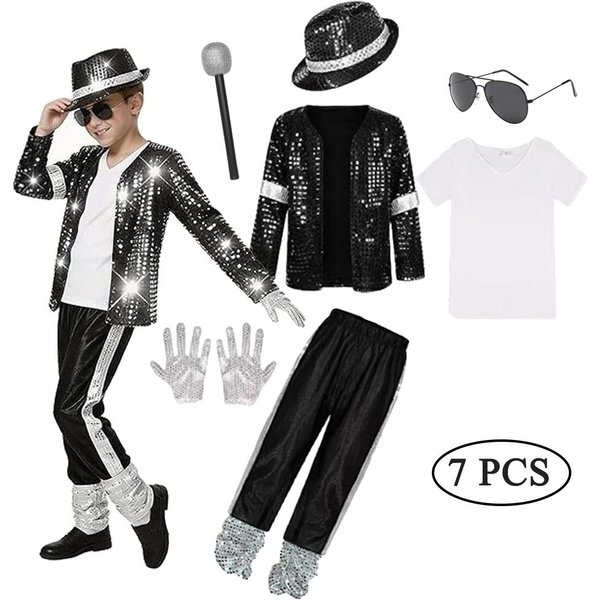 Disfraz De Jackson Pop Star Jackson Para NiñOs Halloween Carnaval Ropa Para ActuacióN En Escenario Atuendo De Baile Hip Hop 5-6T(120) Black-image