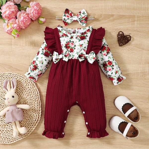 0-18 Meses Mono Para Bebé NiñA ReciéN Nacida Lindo Floral Manga Larga Con Lazo Body+Diadema Mono De Primavera Y OtoñO Para NiñA Bebé 9-12M White-image