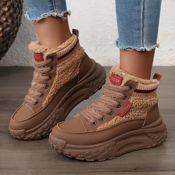 Zapatillas CáLidas De CañA Alta Para Mujer Forro De Piel SintéTica - MarróN Beige Puntera Redonda Suela Gruesa Zapatos Casuales CóModos 38 Black-image