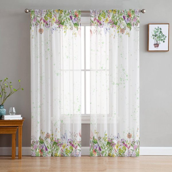 Flores De Primavera Crisantemo Cortinas Visillo Transparentes De Voile Para Ventana De SalóN Cortina De Tul De Gasa Cortinas De Cocina Dormitorio DecoracióN Del Hogar 135W X 114H(Cm) White-image