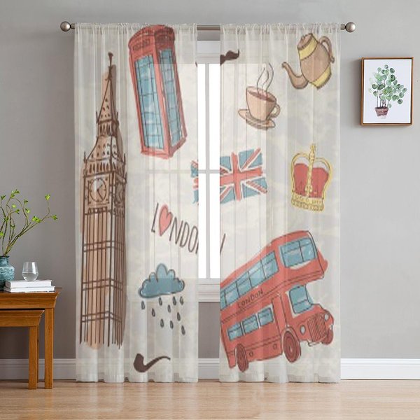 Cortinas Transparentes De Tul Con SíMbolos Coloridos De Londres Para Sala De Estar Cortina De Ventana De Tul Transparente Dormitorio Cocina DecoracióN Del Hogar Cortinas De Velos 135W X 114H(Cm) Gray-image