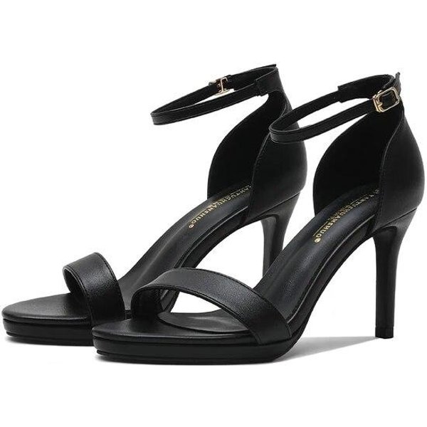 Letnie SandałY Damskie Buty śLubne 8Cm Wysokie Obcasy Prostota Podstawowe SandałY Morelowe Czarne Obcasy SkóRzane CzółEnka Lady 33 Czarny-image