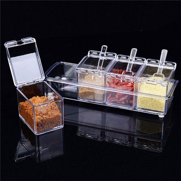 Caja De Condimentos Transparente De 4 Rejillas, Recipiente Para Especias Sellado, Tarro De Condimentos De Cocina Con Tapa, Cuchara Para Sal, Vinagrera De AzúCar-image