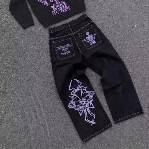 Y2K DżInsy MęSkie Hip Hop Retro Haft Z Czaszką Sprane, LuźNe Spodnie DżInsowe Nowe Proste Na Co Dzień LuźNe Spodnie Z Szeroką Nogawką Streetwear XL Gray-image