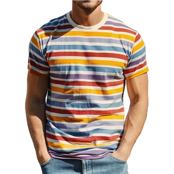 Camisetas GráFicas De Rayas Retro Para Hombre Moda Verano Manga Corta Camisetas Impresas En 3D Tendencia Streetwear PulóVeres Oversize Camisetas 4XL Gray-image
