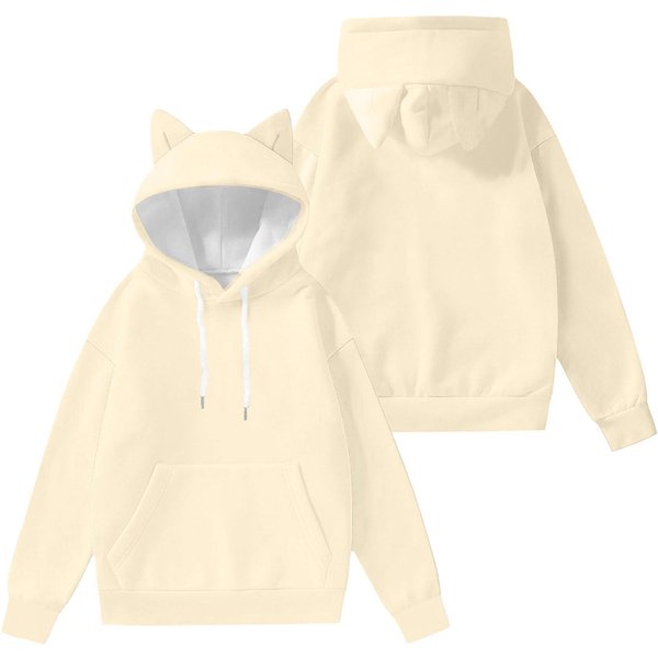 DziecięCa Modna Lekka Bluza Pulower Z DłUgim RęKawem Z Kieszeniami, Jednolity Kolor, I Bluza Z Kapturem Z Uszkami 140 Beige-image