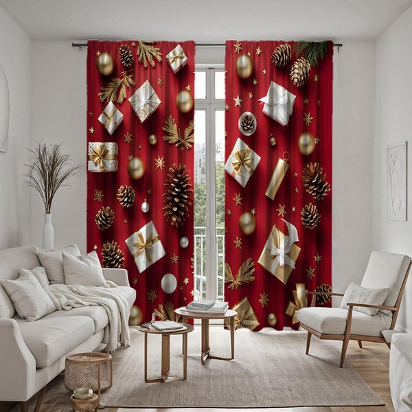 2 Piezas Caja De Regalo De PiñA De Navidad HD Cortina Decorativa Cortina Con Estampado Digital De Corbata Roja Estilo De DecoracióN Del Hogar Sala De Estar Decorada W52H63Inchw132H160Cm Brown-image