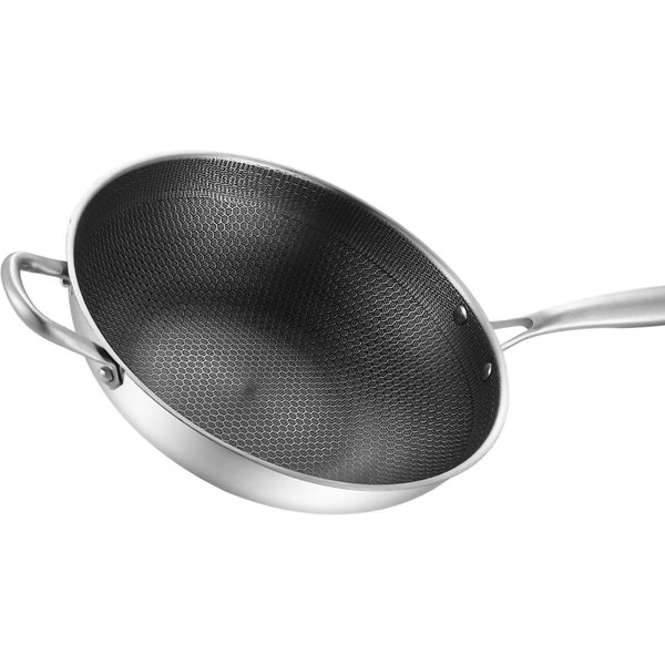 Wok De Acero Inoxidable De Doble Cara Nido De Abeja 3 Capas Antiadherente FáCil Limpieza Wok Para Cocina 32Cm 12.6In (No 32Cm/12.6In (No Lid And With Ears)-image