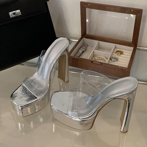 Liyke PVC Transparentes Plataforma Tacones Altos Zapatillas Modernas Sandalias Doradas Sexy Fondo Grueso Punta Cuadrada Fiesta Zapatos De EstríPer 35 Plata-image