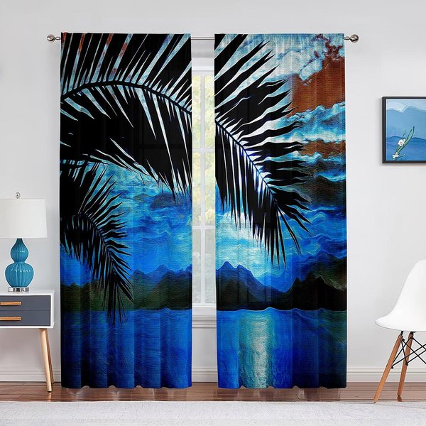 Paisaje Marino Tropical Hojas De Palma OcéAno Cortinas De Tul Para DecoracióN De Sala De Estar Dormitorio Gasa Transparente Voile Cortina De Ventana De Cocina 1 PCS W100Xh250Cm&Grommet Top-image